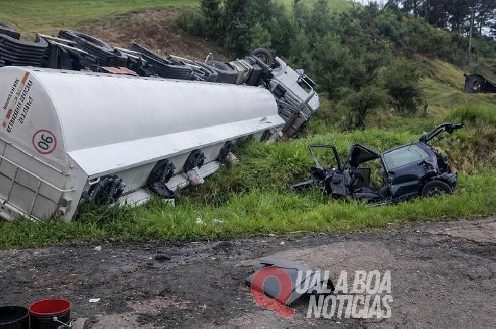 Acidente com caminhão-tanque e carro deixa dois feridos graves na BR-476, em União da Vitória