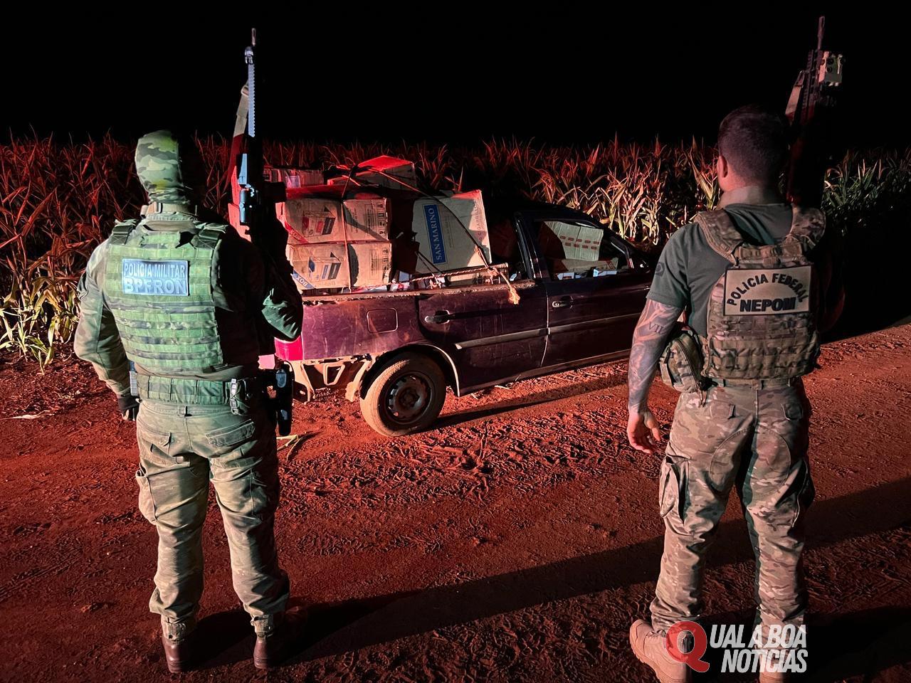 BPFFRON e NEPOM/PF Apreendem Carregamento de Cigarros em estrada rural de Guaíra - PR