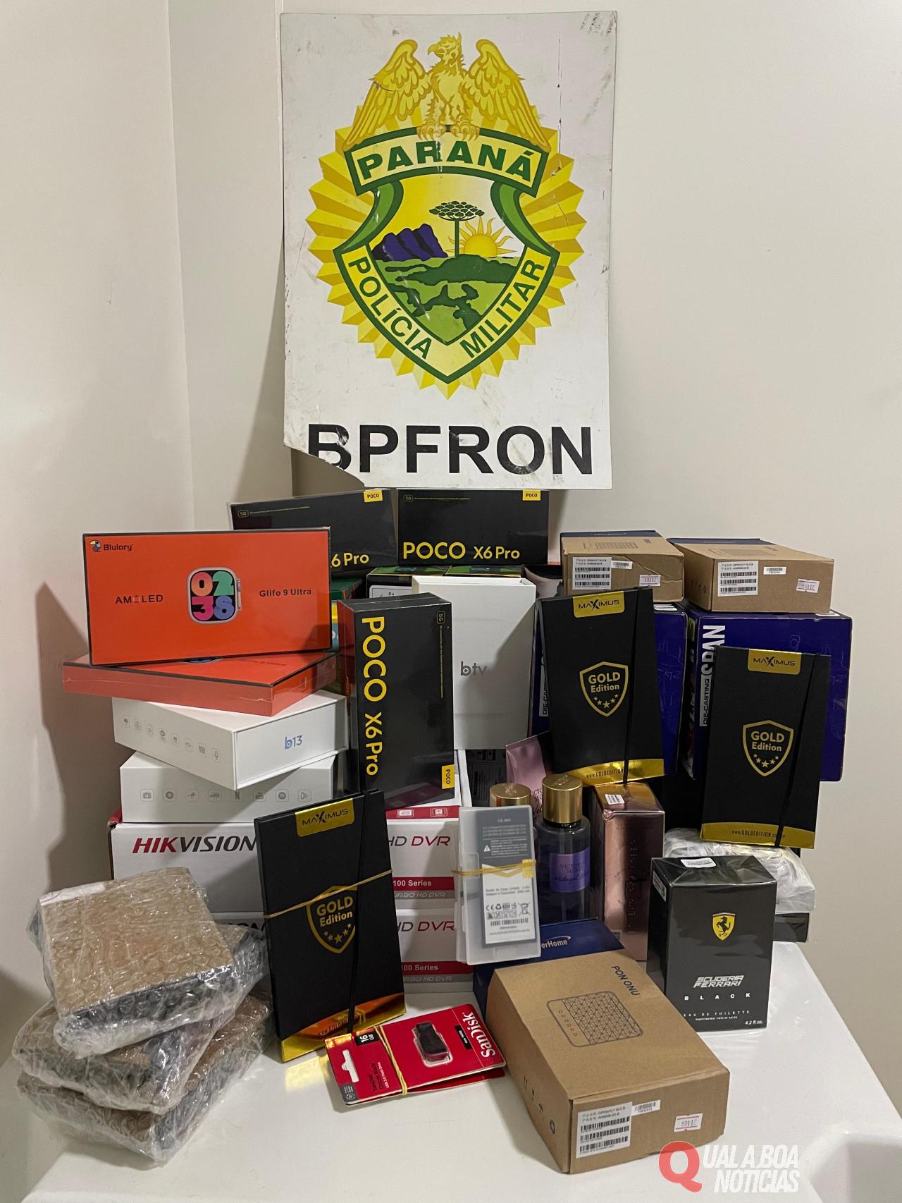 BPFRON apreende mercadorias estrangeiras em ônibus em Capitão Leônidas Marques-PR
