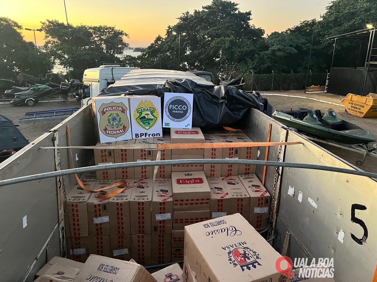 BPFRON, PF e FICCO apreendem 2 caminhões carregados com cigarros e pneus de origem estrangeira em Marechal Cândido Rondon-PR