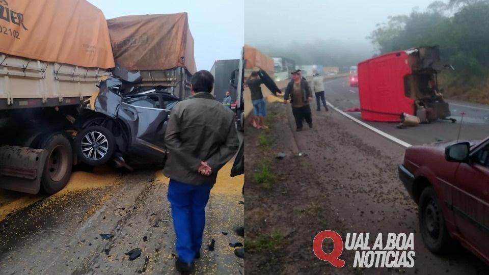 Acidente entre dois caminhões e um carro deixa uma pessoa morta e duas gravemente feridas na BR-163