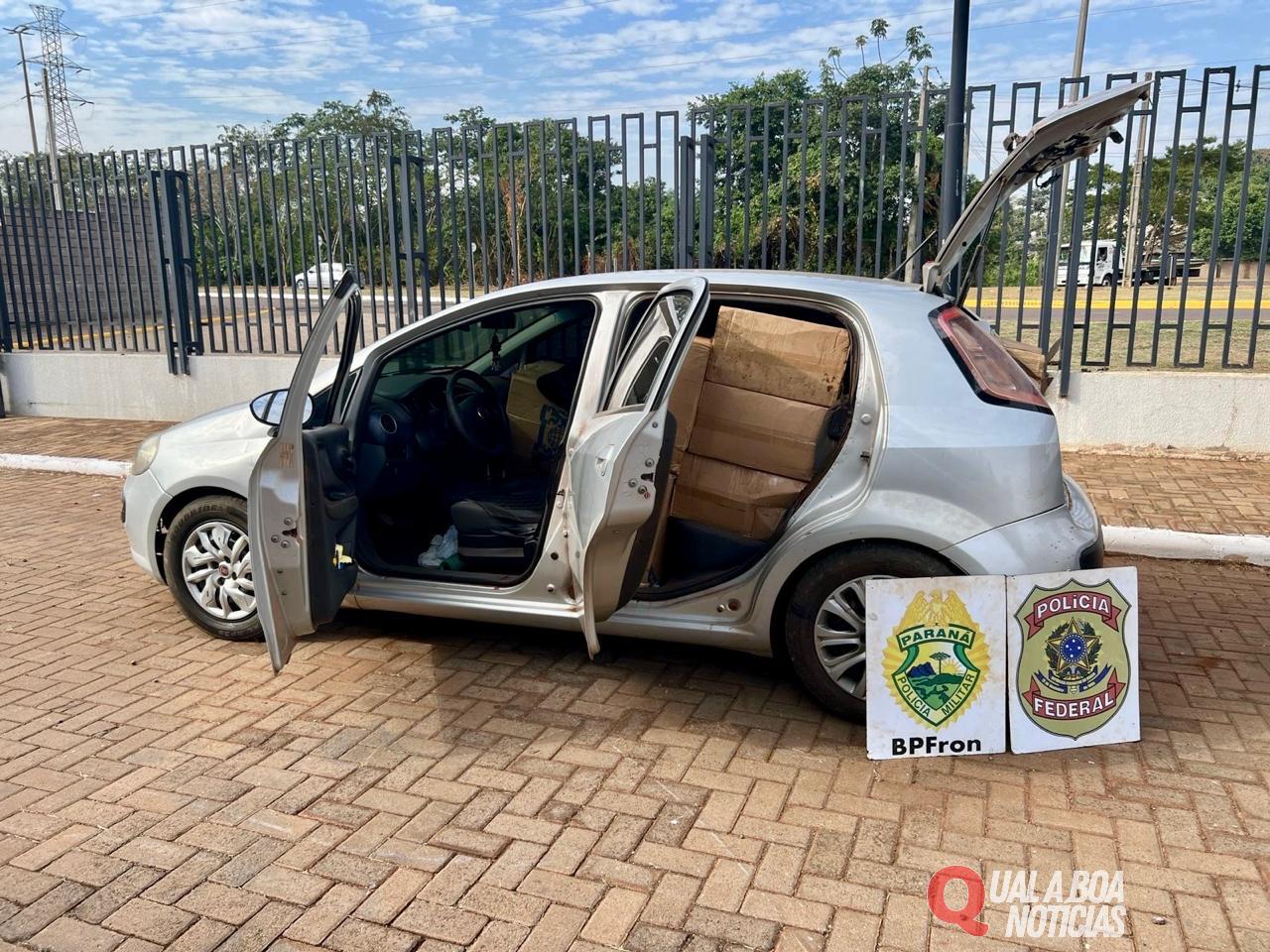 BPFRON e NEPOM/PF apreendem veículo carregado com 1.250 pacotes de cigarros contrabandeados em Mercedes - PR