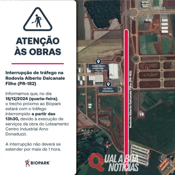 Biopark informa a interrupção de tráfego na PR-182 que ocorrerá na próxima quarta-feira, dia 18