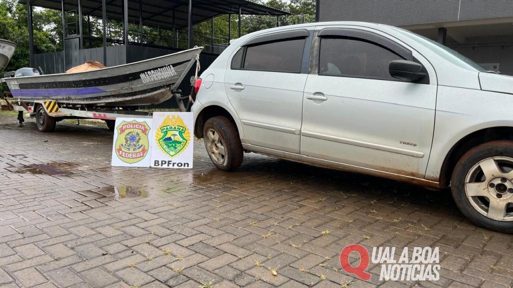 BPFron e PF apreendem veículo, embarcação, cigarros e reboque furtado em Mercedes