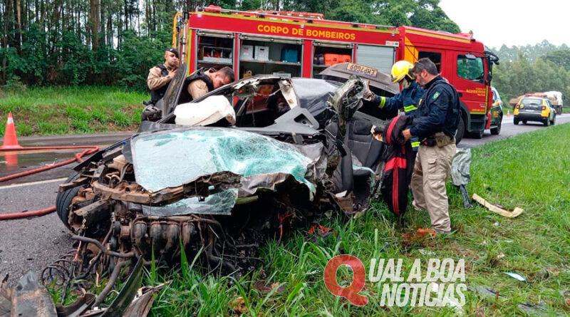 Ford Focus e carreta carregada de frango batem de frente na BR-369, no Paraná