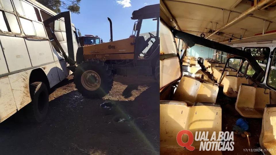 Trator ‘perfura’ ônibus com braço mecânico e fere 5 passageiros, em Guarapuava