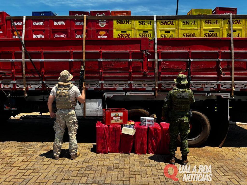 BPFRON e PF encontra contrabando milionário em meio a garrafas de cerveja é abandonado por caminhoneiro na fronteira