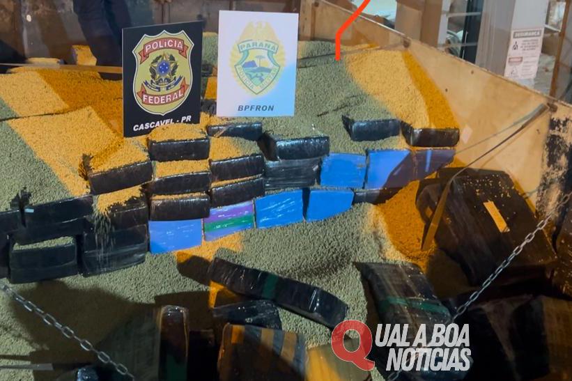 Em Cascavel: BPFRON e Polícia Federal apreendem 2,3 toneladas de maconha em caminhão carregado com soja