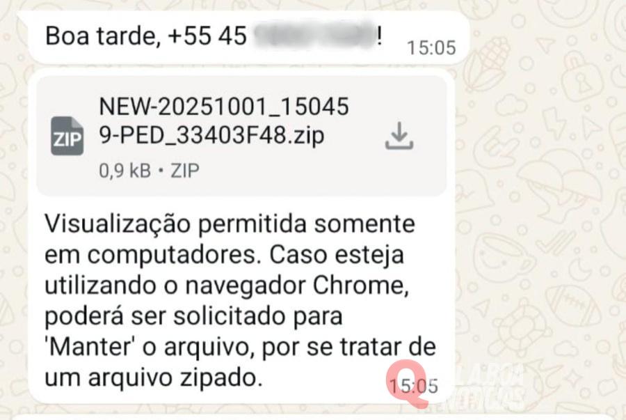Golpe via WhatsApp com arquivos “.zip” alerta moradores e empresas