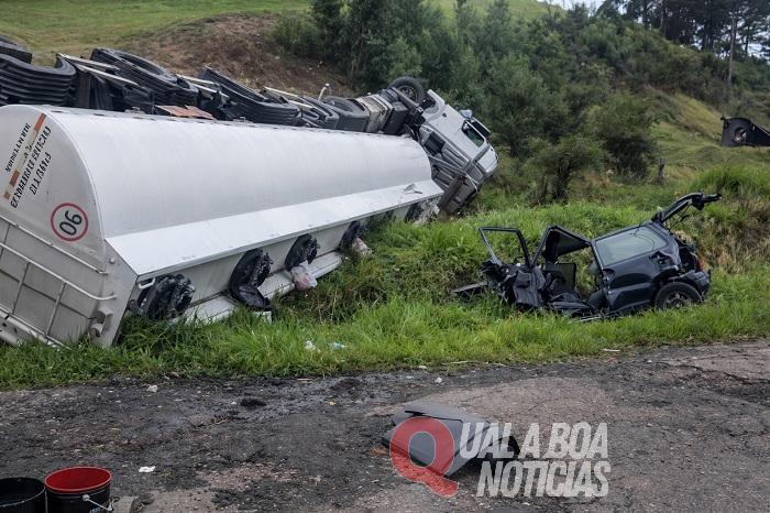Acidente com caminhão-tanque e carro deixa dois feridos graves na BR-476, em União da Vitória