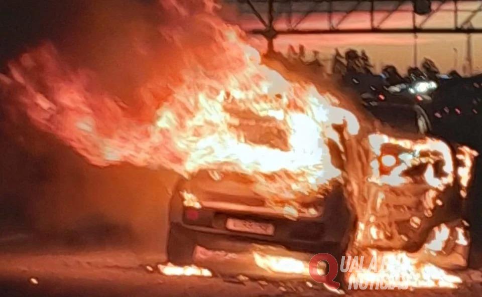 Vídeo impressionante! Carro pega fogo na BR-277 com casal, duas crianças e cachorro; veículo é totalmente destruído