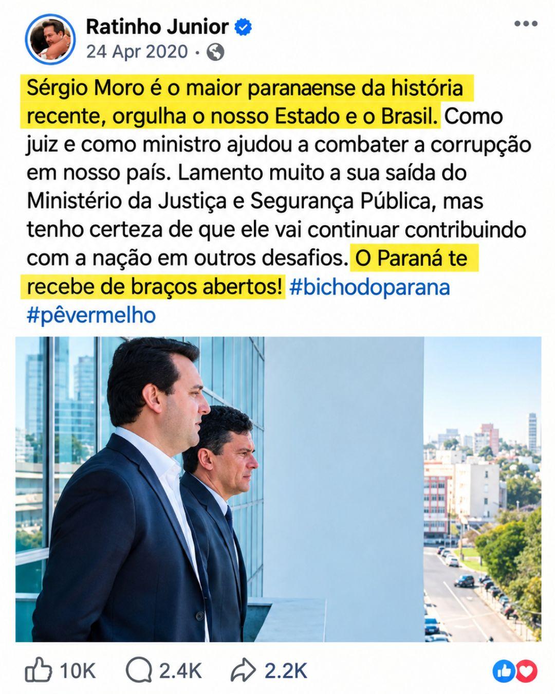 Post publicado nas redes sociais de Ratinho Jr. em Abril de 2020.